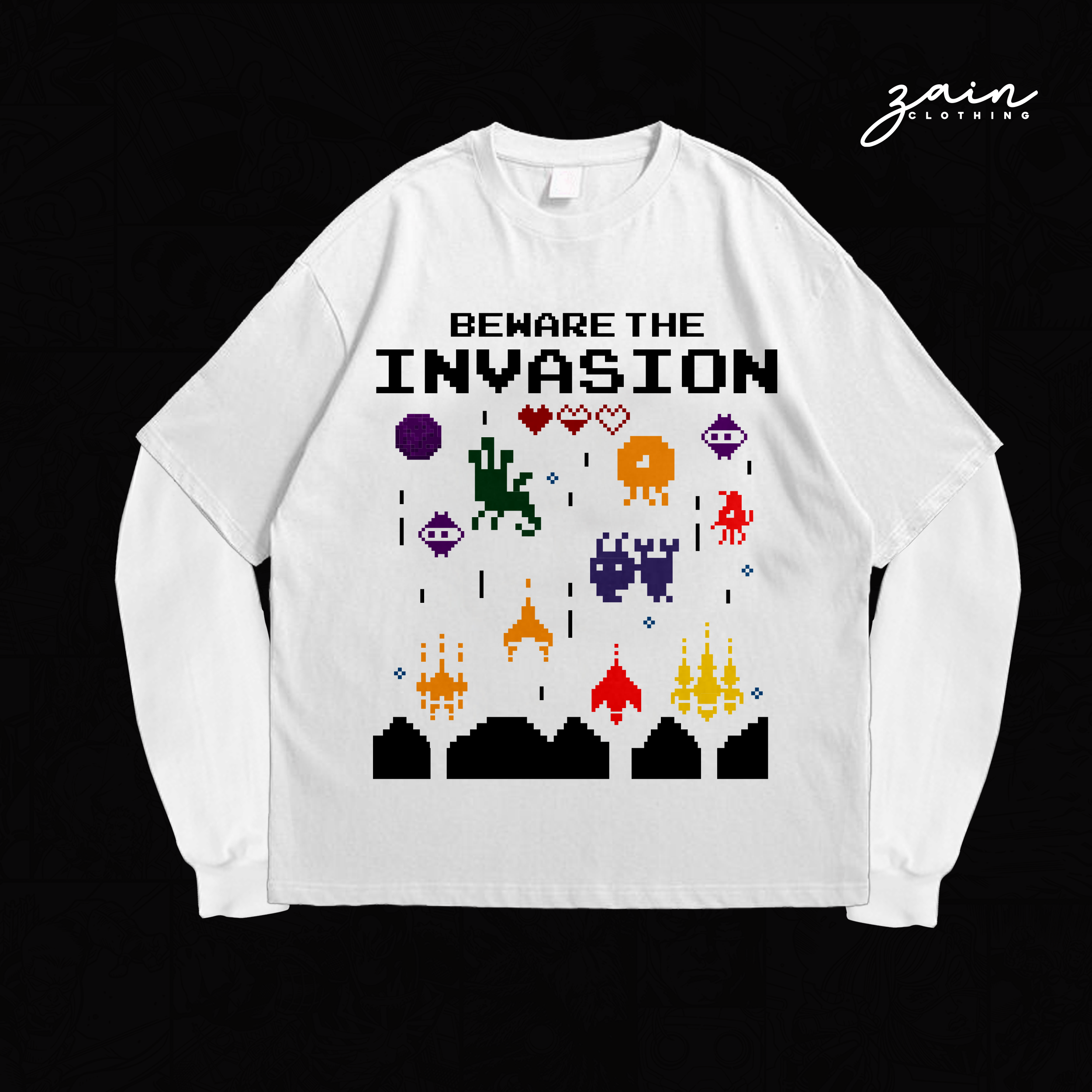 BEWARE THE INVASION DROP SHOULDER FULL SLEEVE TEE [WHITE]